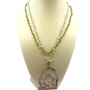 Geode Crystal Pendant Statement Necklace Green White Double Strand Boho Hippie